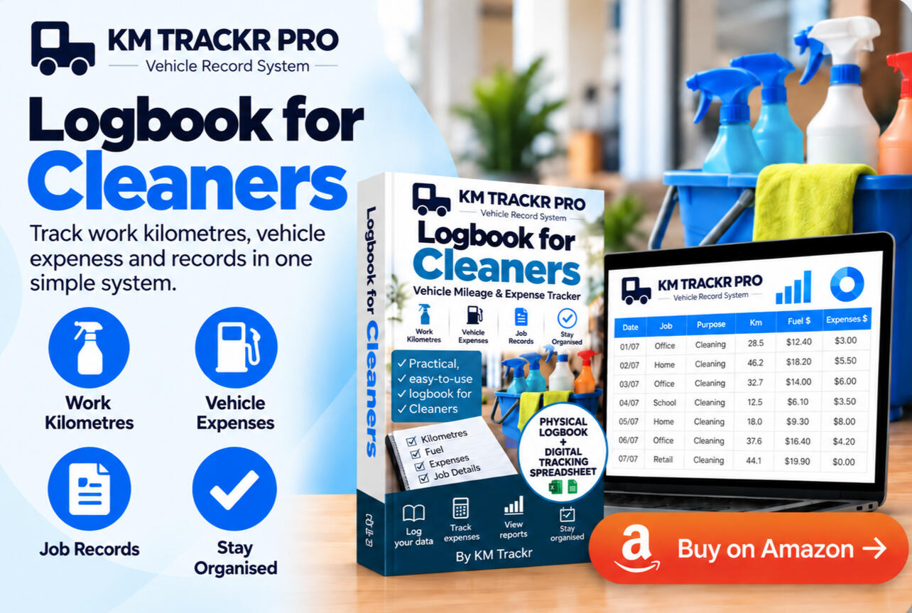 KM TRACKR PRO vehicle mileage and expense logbook for Cleaners with physical logbook and digital tracking spreadsheet.