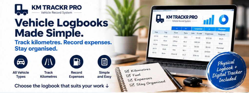 KM TRACKR PRO vehicle mileage and expense logbooks with physical logbook and digital tracking spreadsheet.