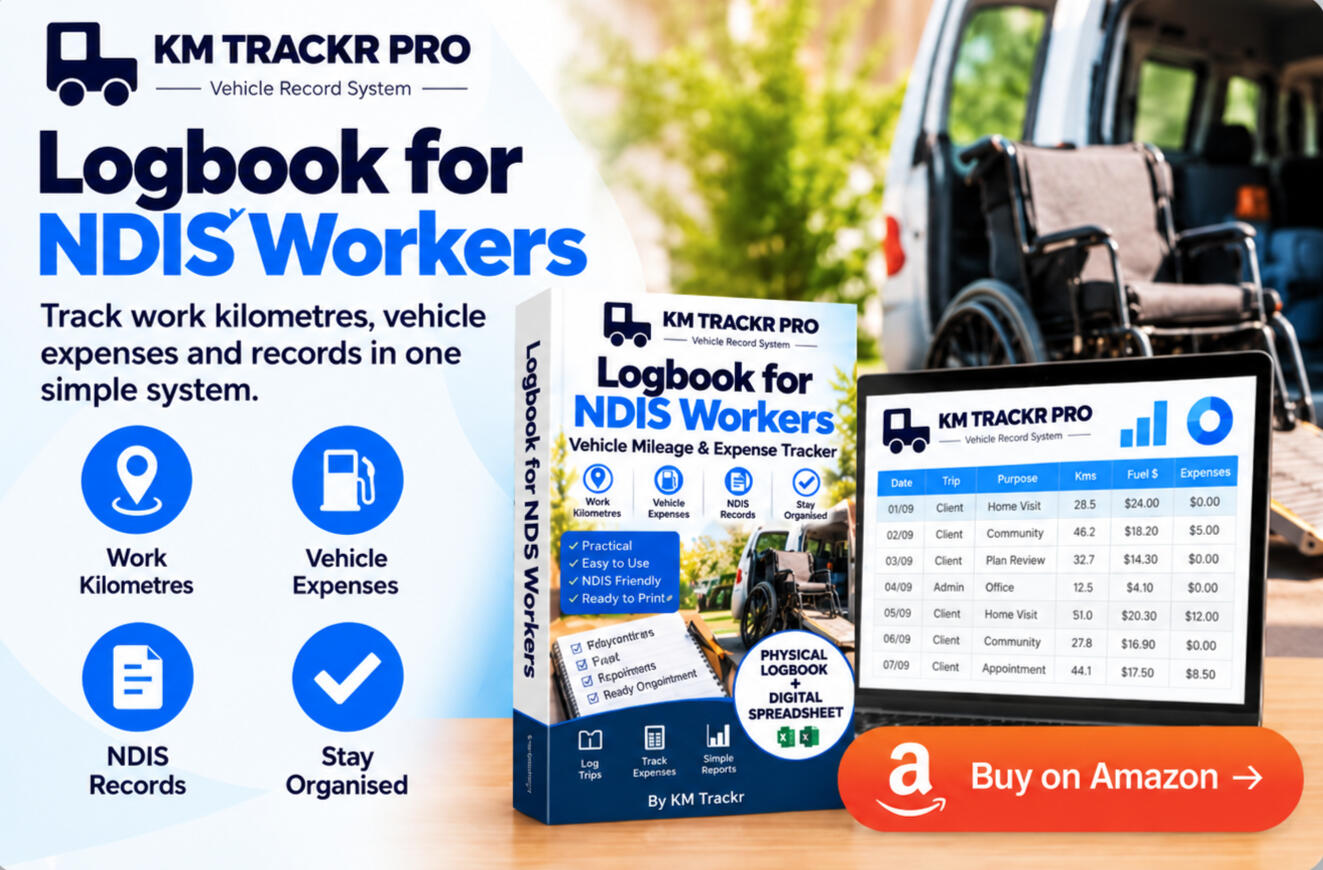 KM TRACKR PRO vehicle mileage and expense logbook for NDIS Workers with physical logbook and digital tracking spreadsheet.