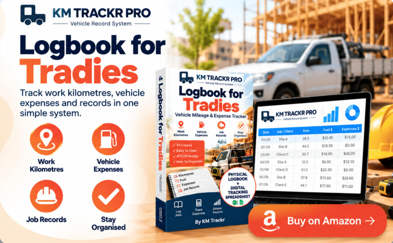 KM TRACKR PRO vehicle mileage and expense logbook for Tradies with physical logbook and digital tracking spreadsheet.