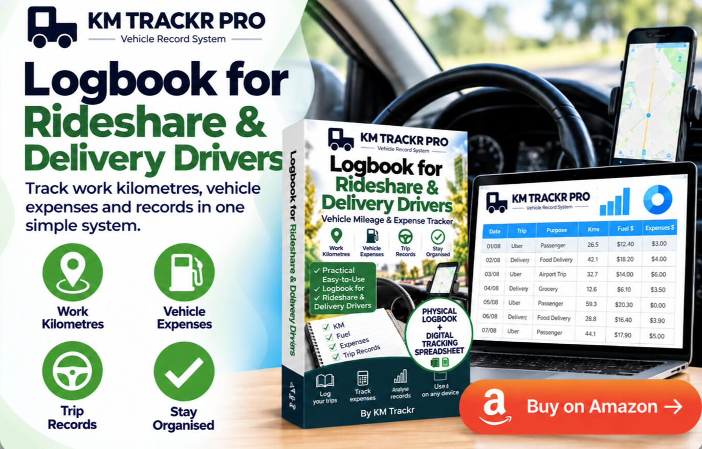 KM TRACKR PRO vehicle mileage and expense logbook for Rideshare and Delivery Drivers with physical logbook and digital tracking spreadsheet.
